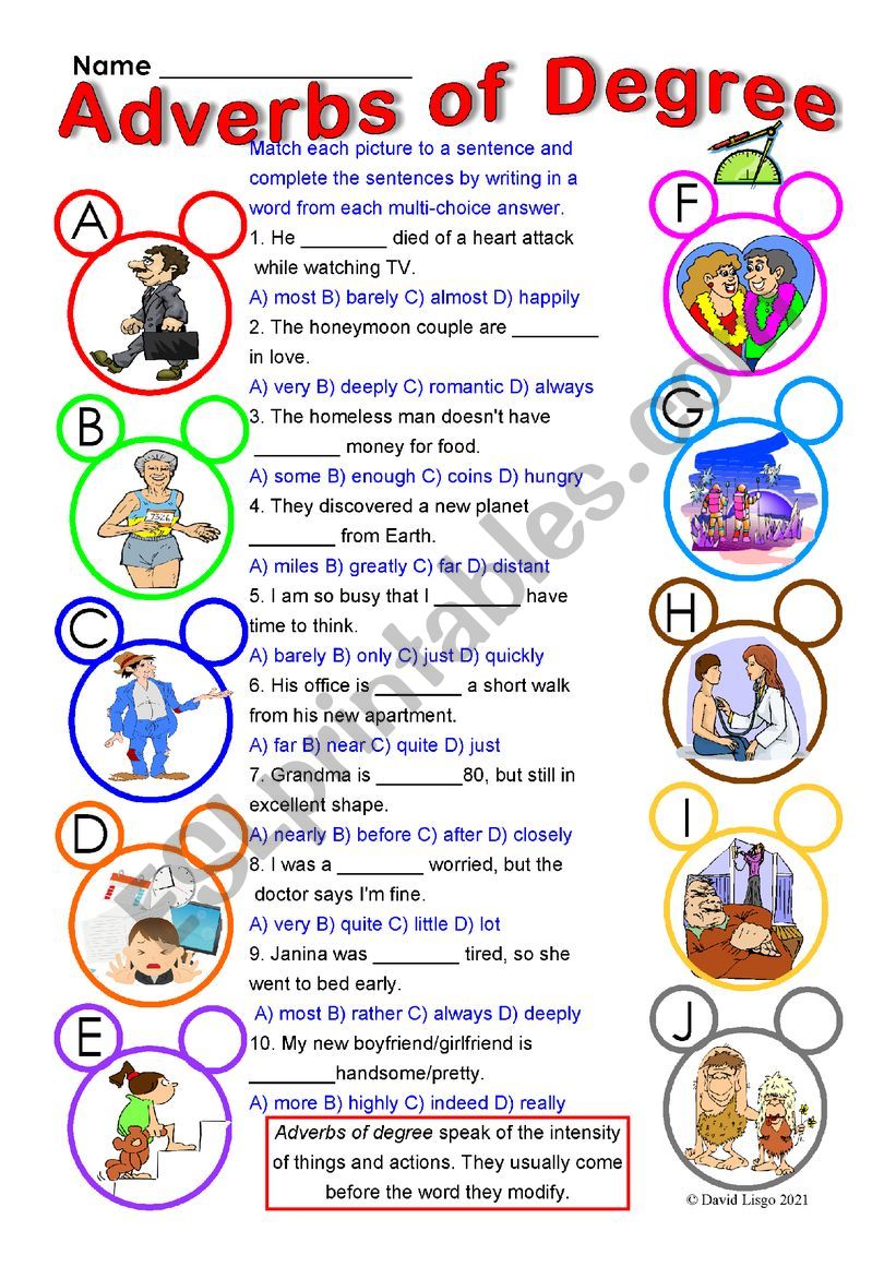 Adverbs of Degree multi-choice worksheet with answer keys