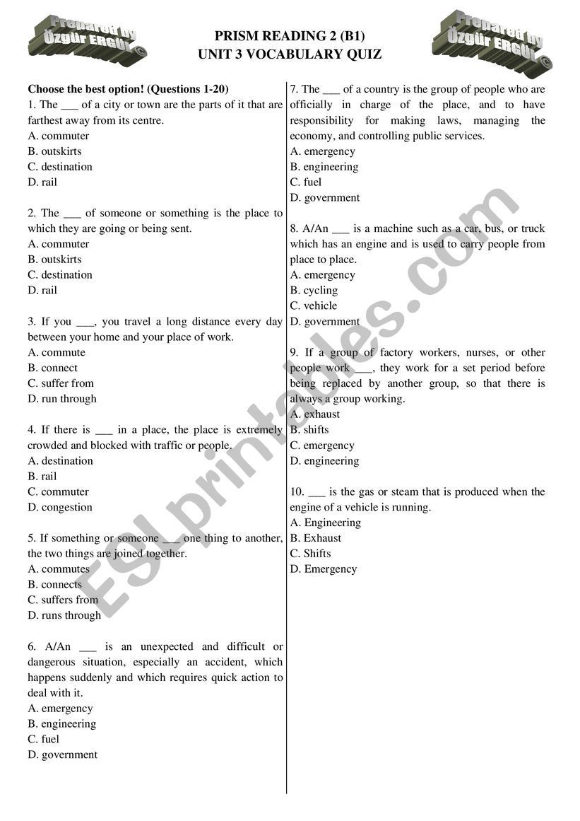 Prism Reading 2 Unit 3 Vocabulary Quiz worksheet