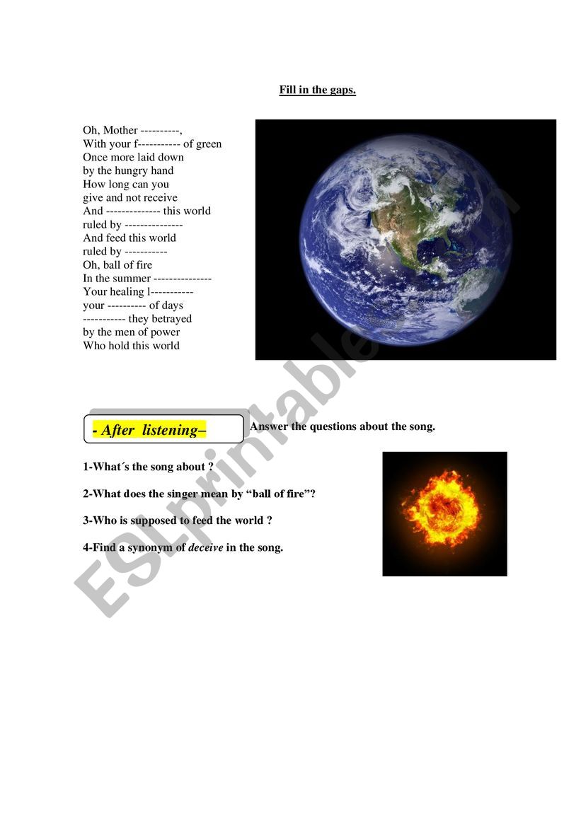 EARTH ANTHEMN SONG -  worksheet