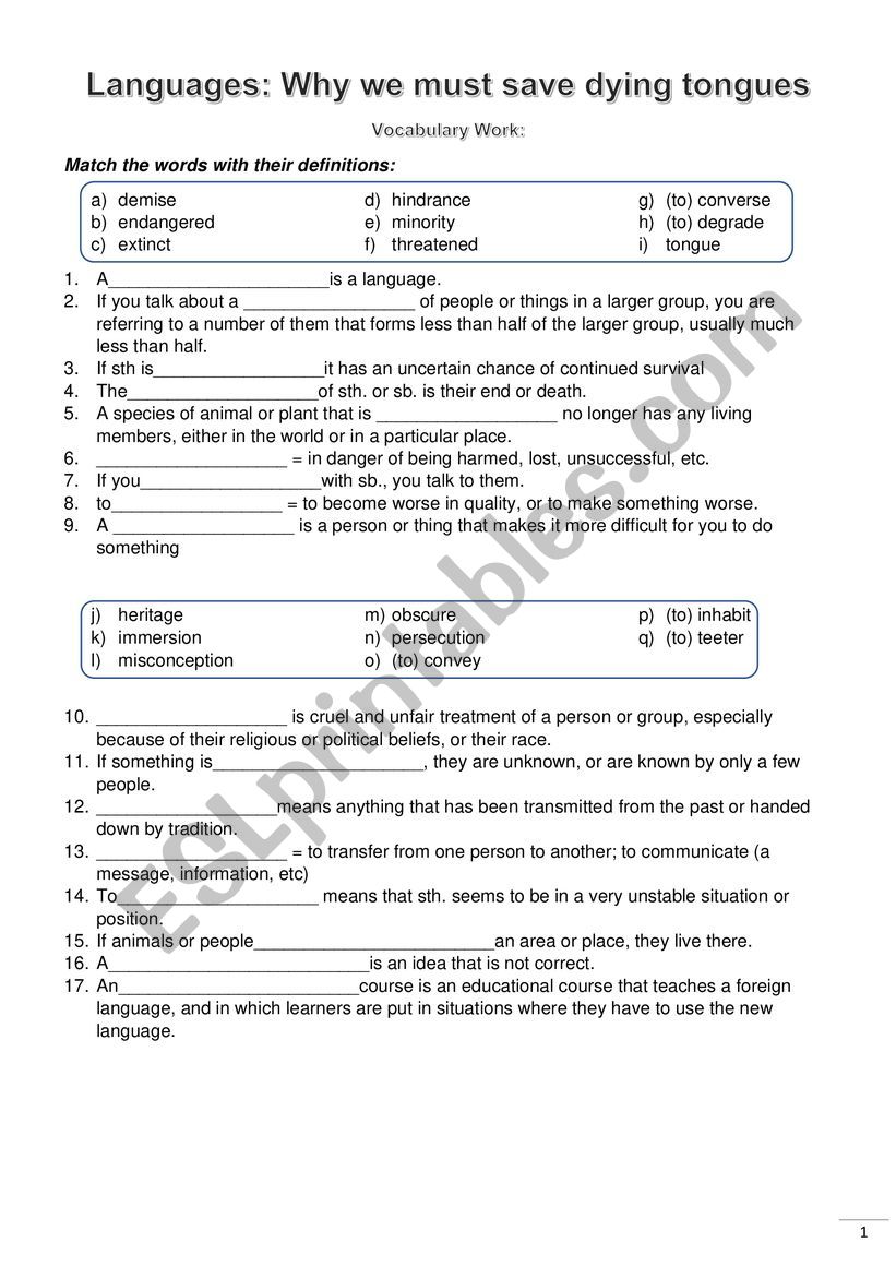 Dying languages worksheet
