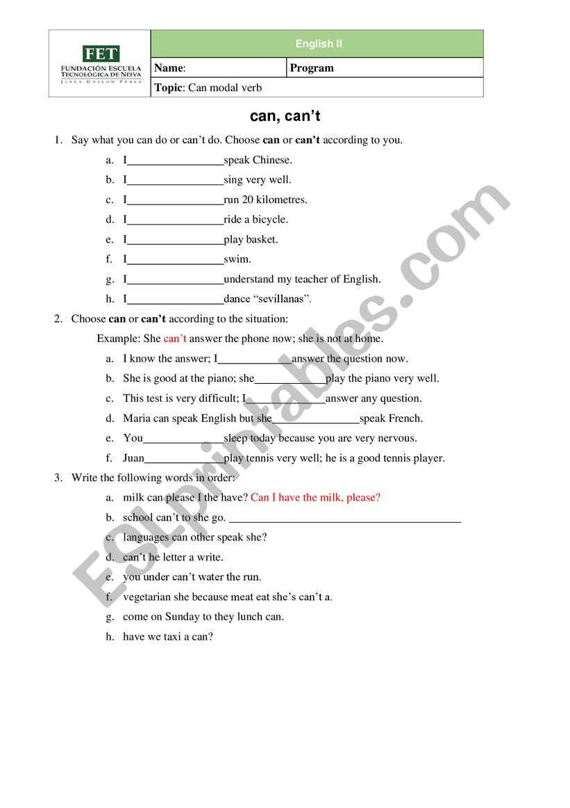 Can / can�t worksheet