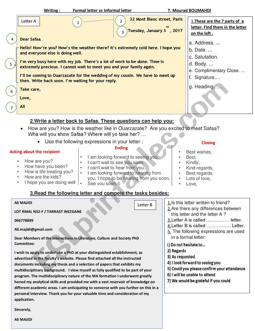 writing a formal letter  worksheet