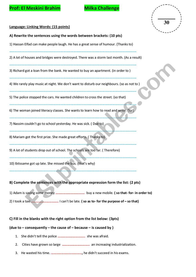 Challenge In passive voice and linking words for 2Bac SS