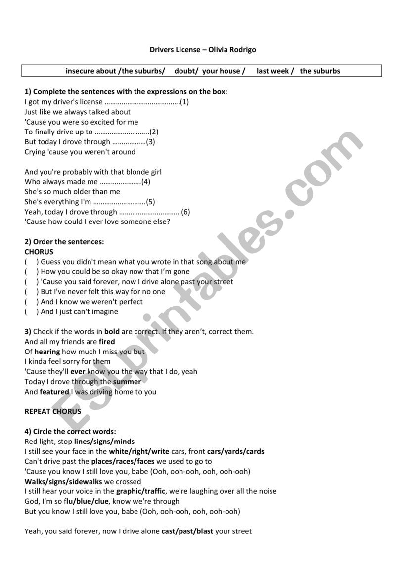 Drivers License By Olivia Rodrigo Esl Worksheet By Maylira7