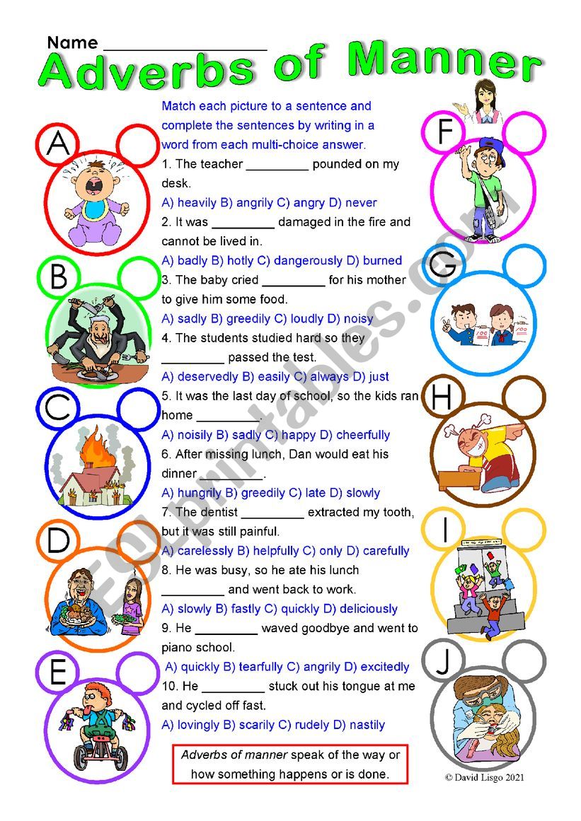 Adverbs of Manner multi-choice worksheet with answer keys