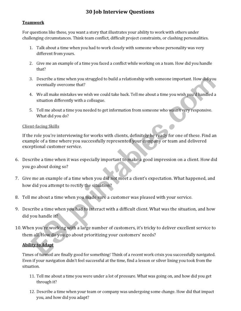 30 Job Interview Questions worksheet