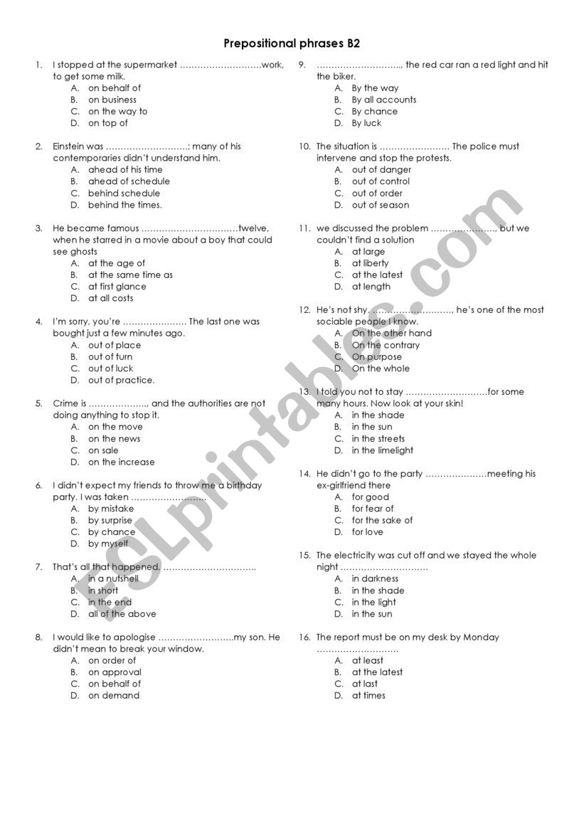 Prepositional Phrases Multiple Choice Exercises