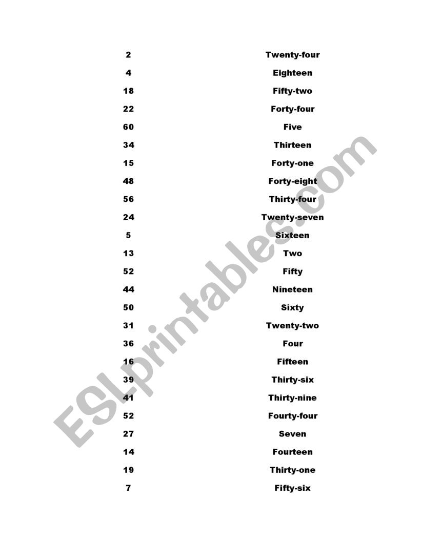 Numbers worksheet