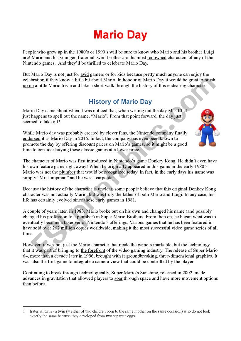 Mario Day worksheet
