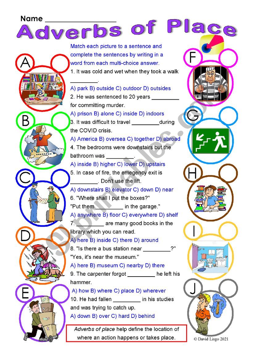 Adverbs of Place multi-choice worksheet with answer keys