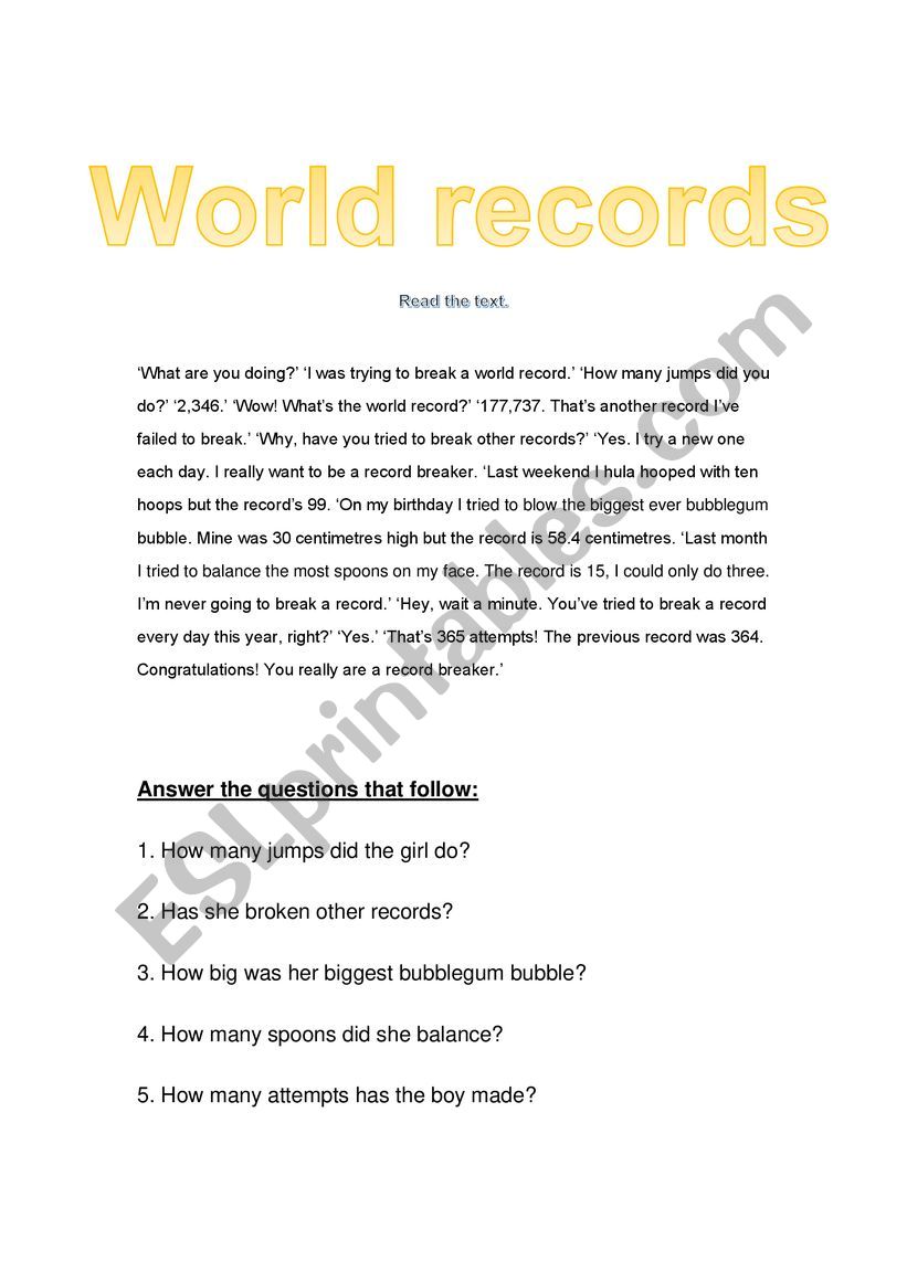 World records worksheet