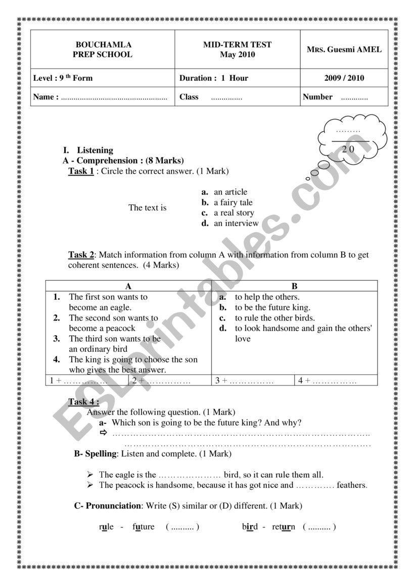 mid term test 9th form worksheet