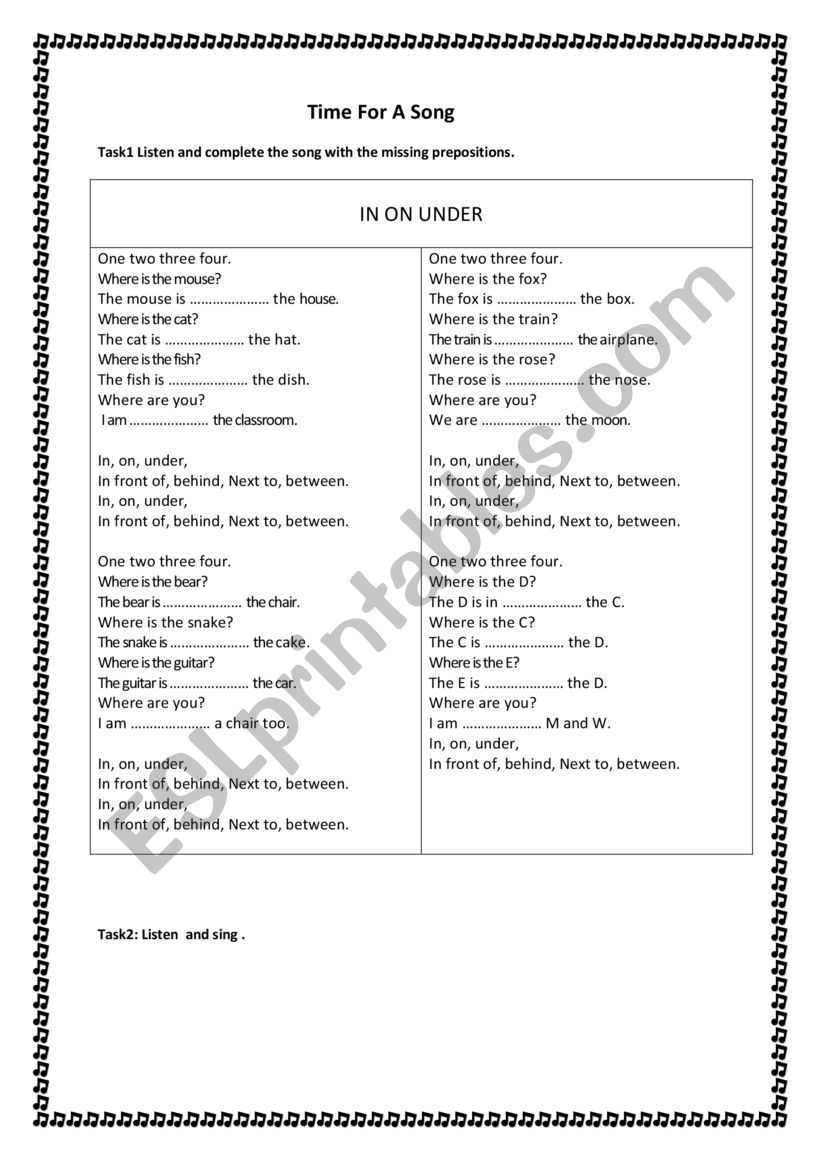 prepositions� song worksheet