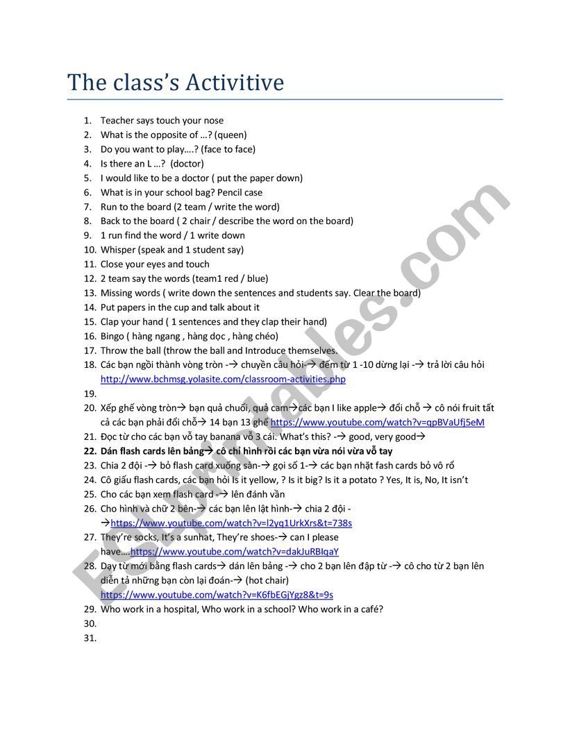activities in the class worksheet