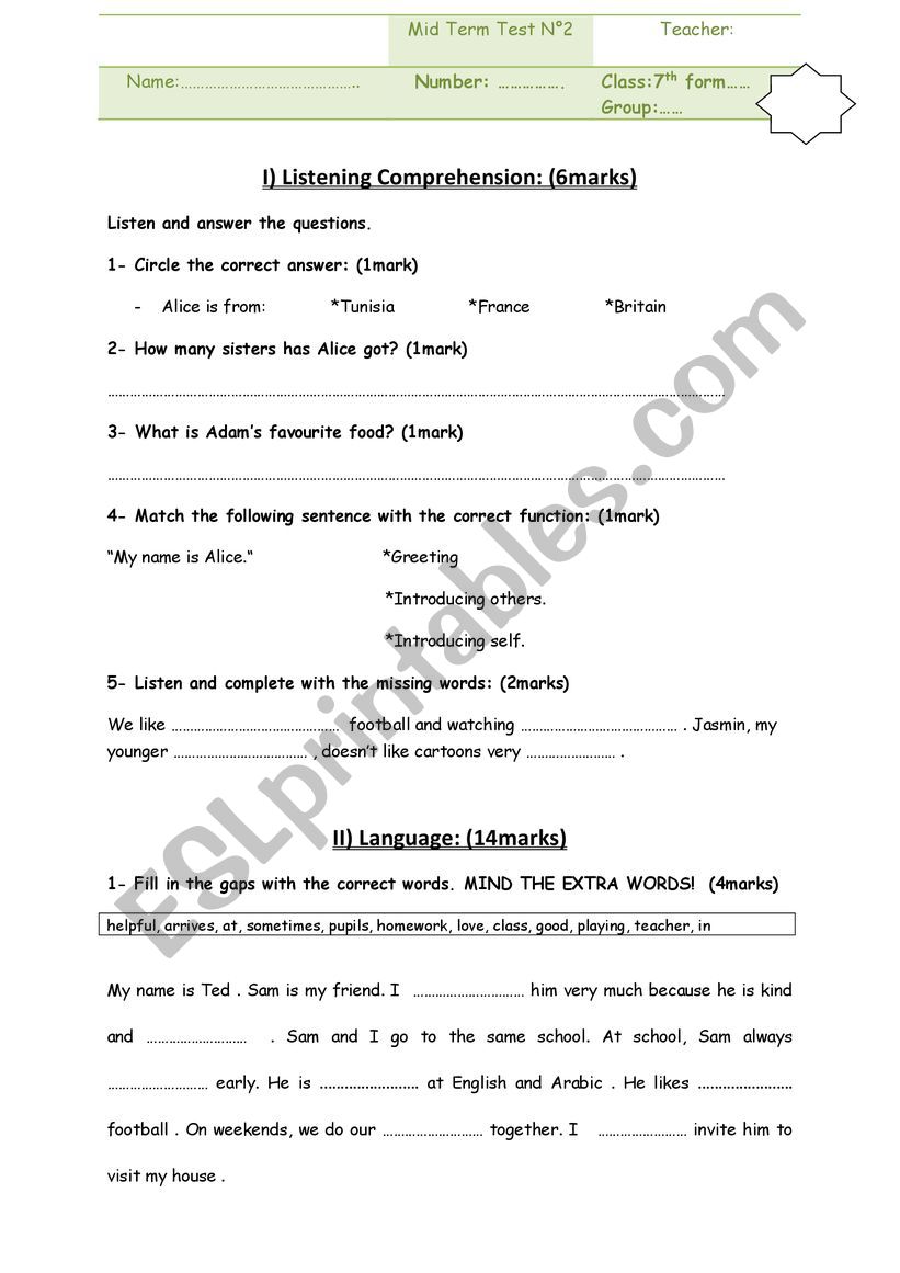 7th Form MockTest worksheet