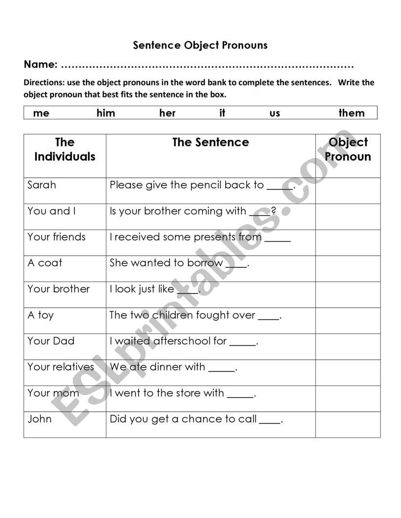 Object pronouns worksheet