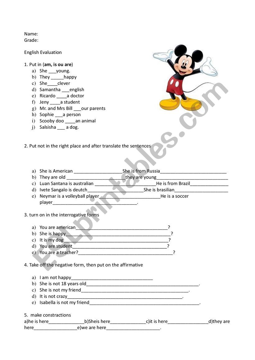 contractions of to be  worksheet