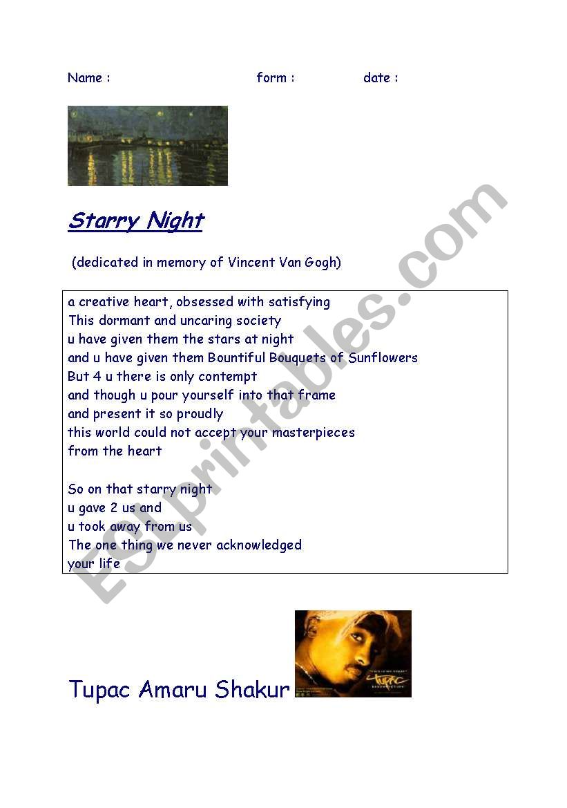 Poem Vincent by rap performer TUPAC AMARU