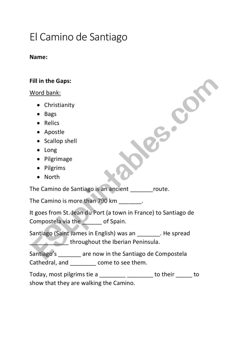 camino de santiago worksheet