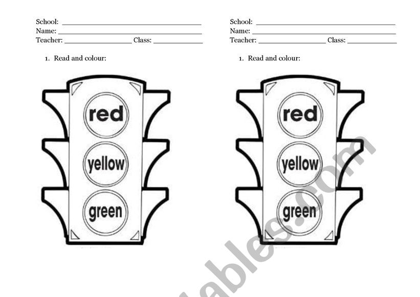 Traffic light to colour worksheet