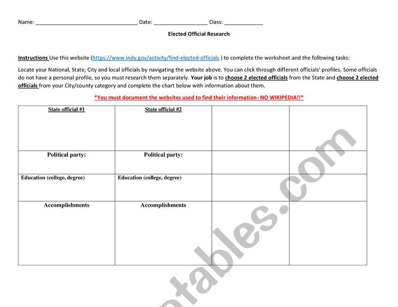 Elected Official Worksheet (research government officials)