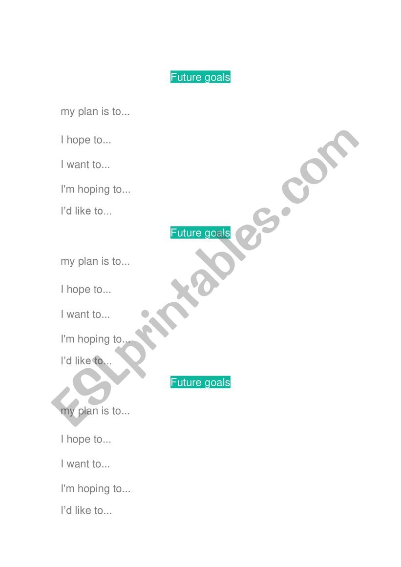Future goals phrases handout worksheet