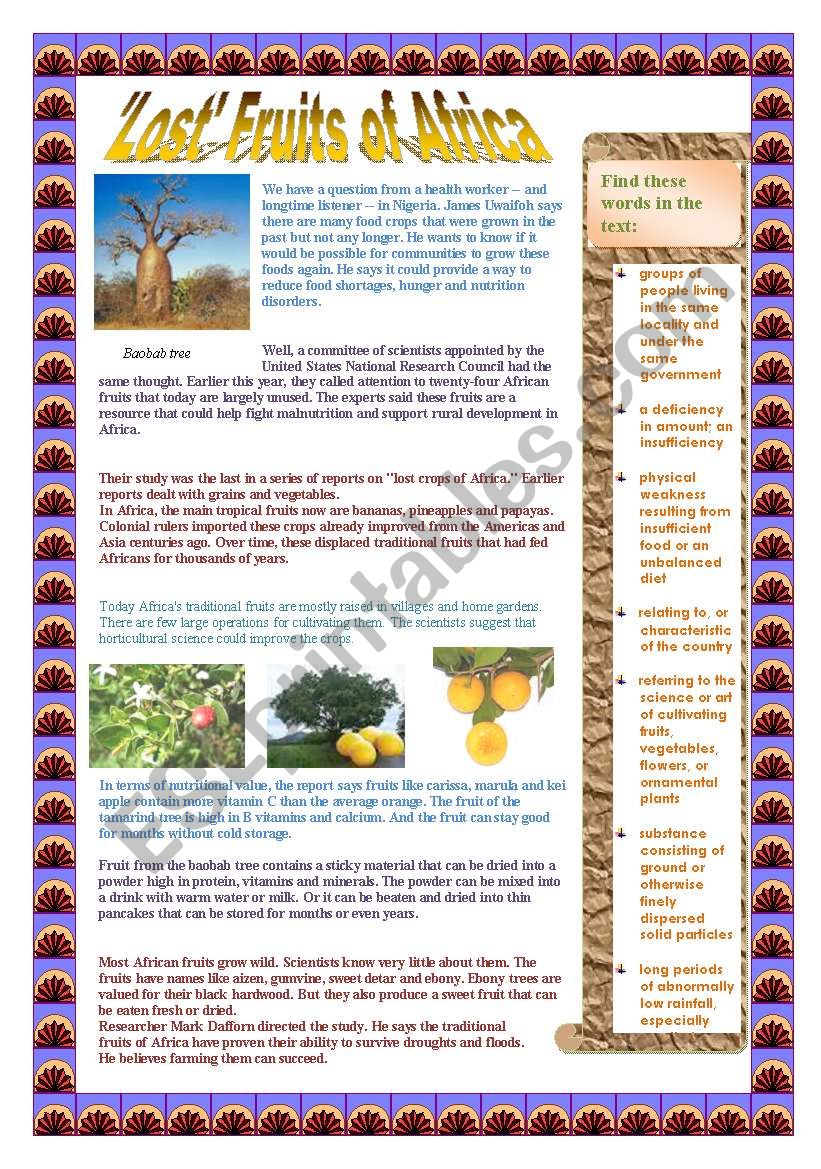 Lost Fruits of Africa - Listenig and reading tasks with MP3 dowload link