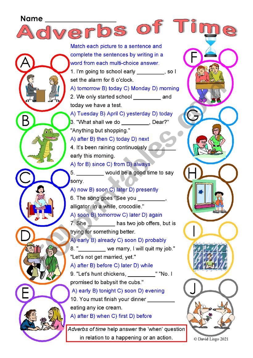 Adverbs of Time multi-choice worksheet with answer keys
