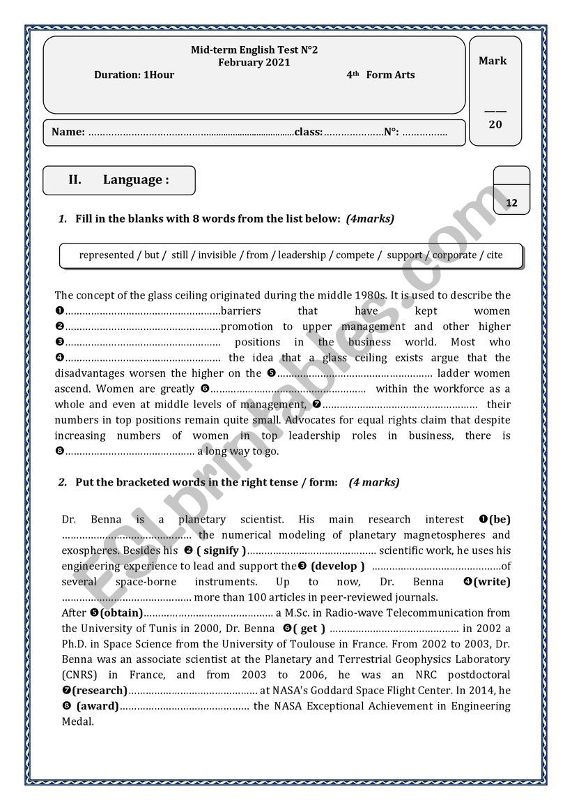 4th form mid-term test N2 worksheet
