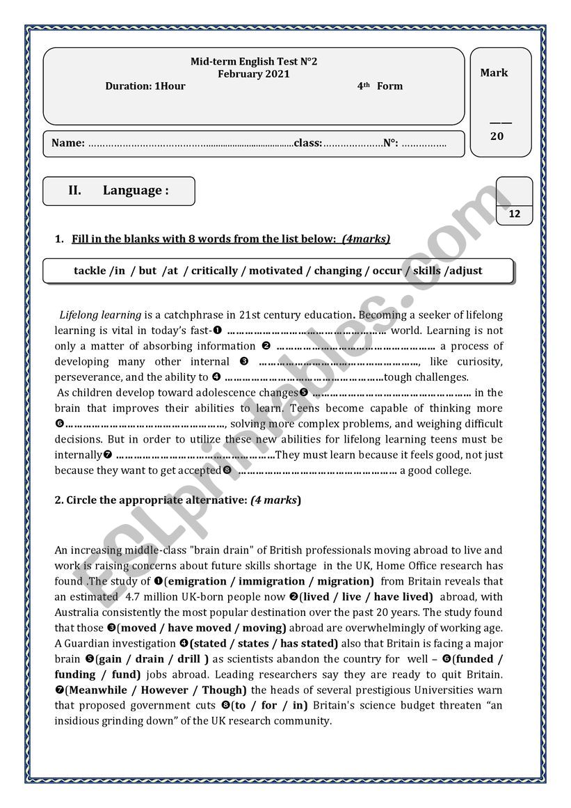 4th form mid-term test N2  worksheet