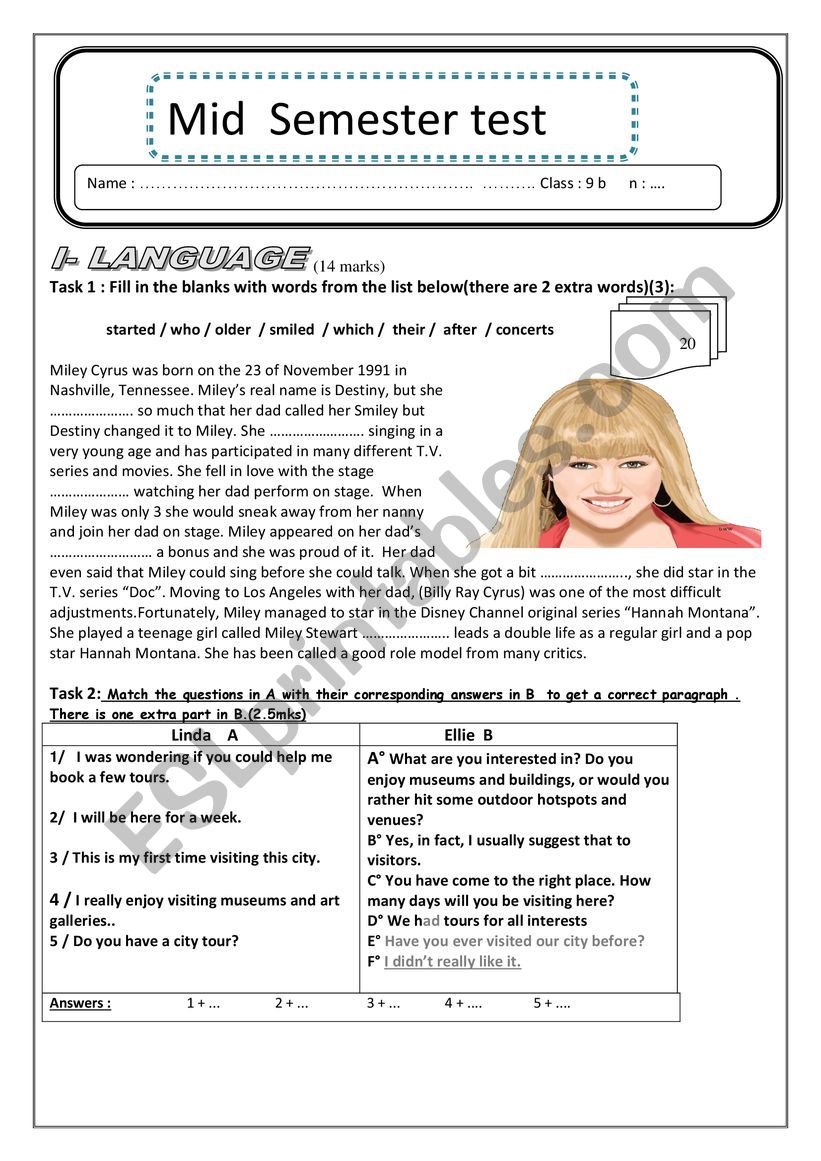 9th form test worksheet