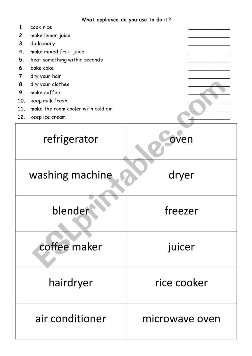 Appliances worksheet