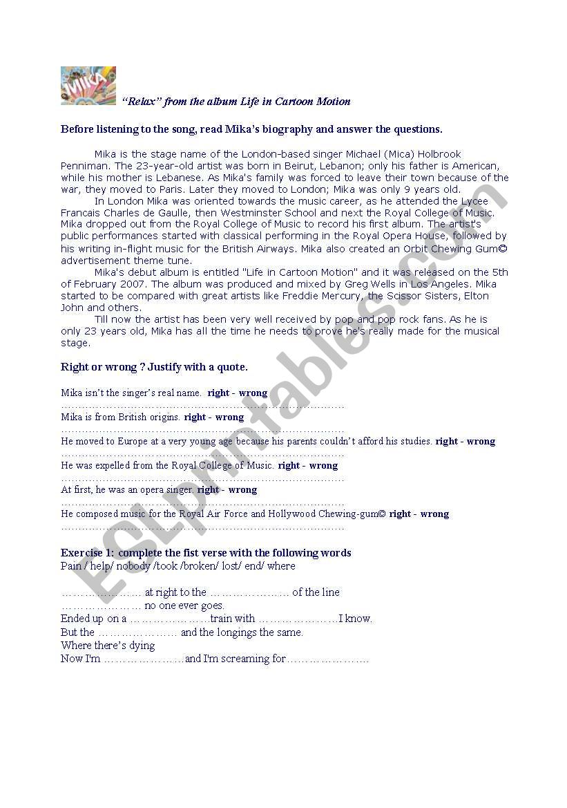 Mika worksheet Relax worksheet