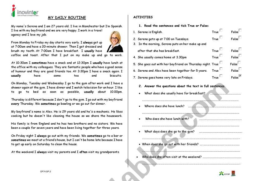 Daily routine worksheet