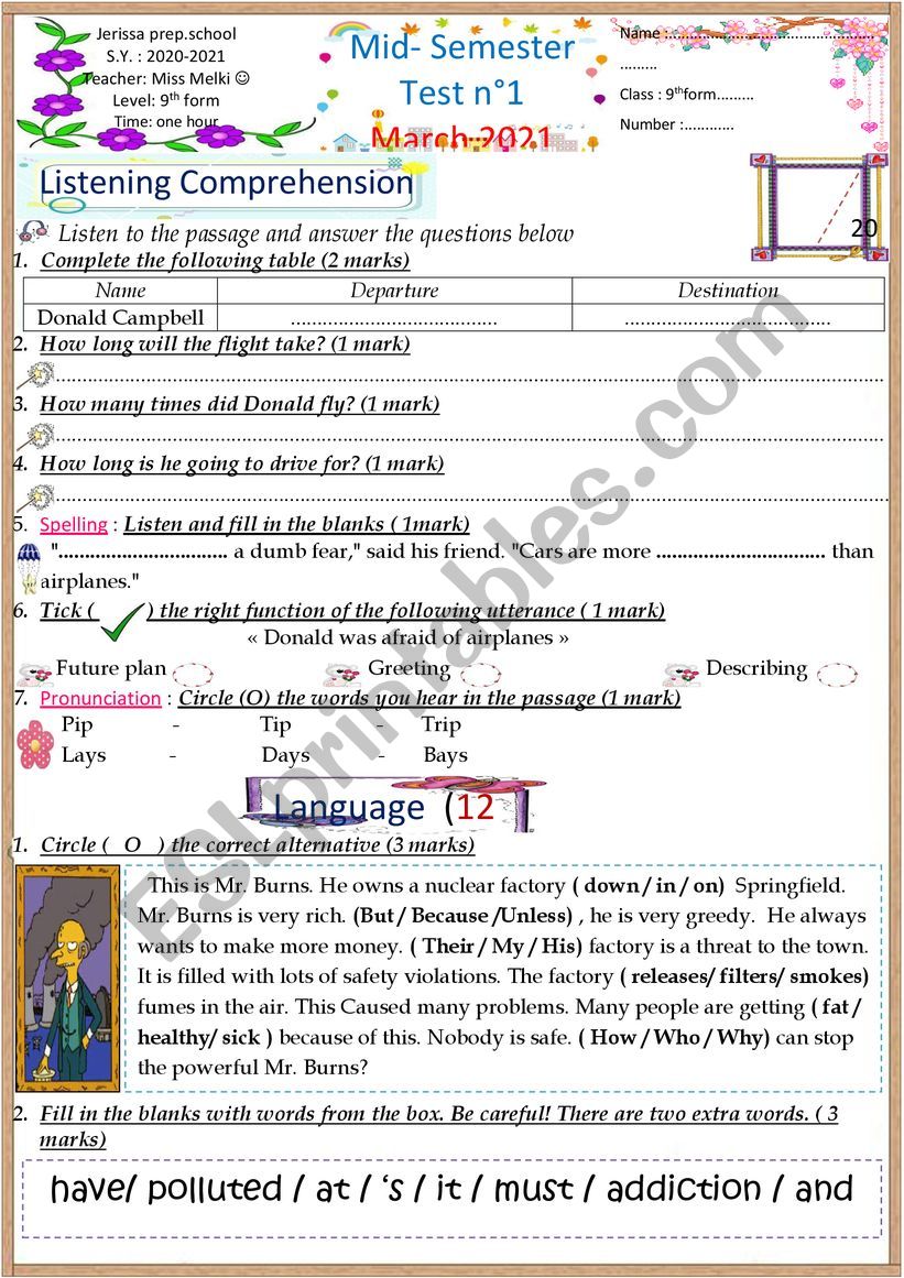 9th form test worksheet