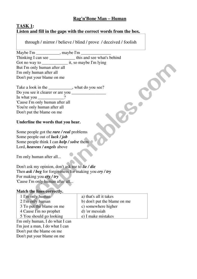 Rag�n�Bone MAN - Human worksheet