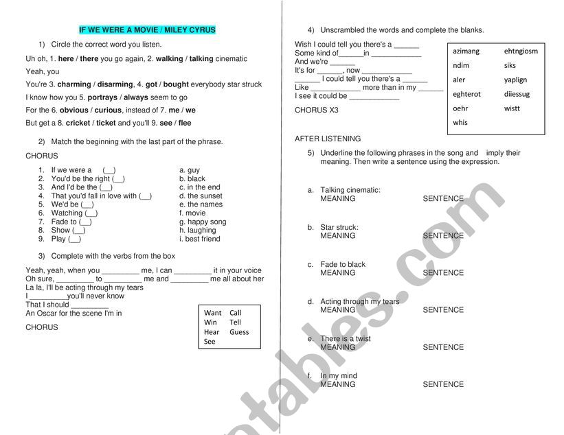 If we were a movie Song  worksheet