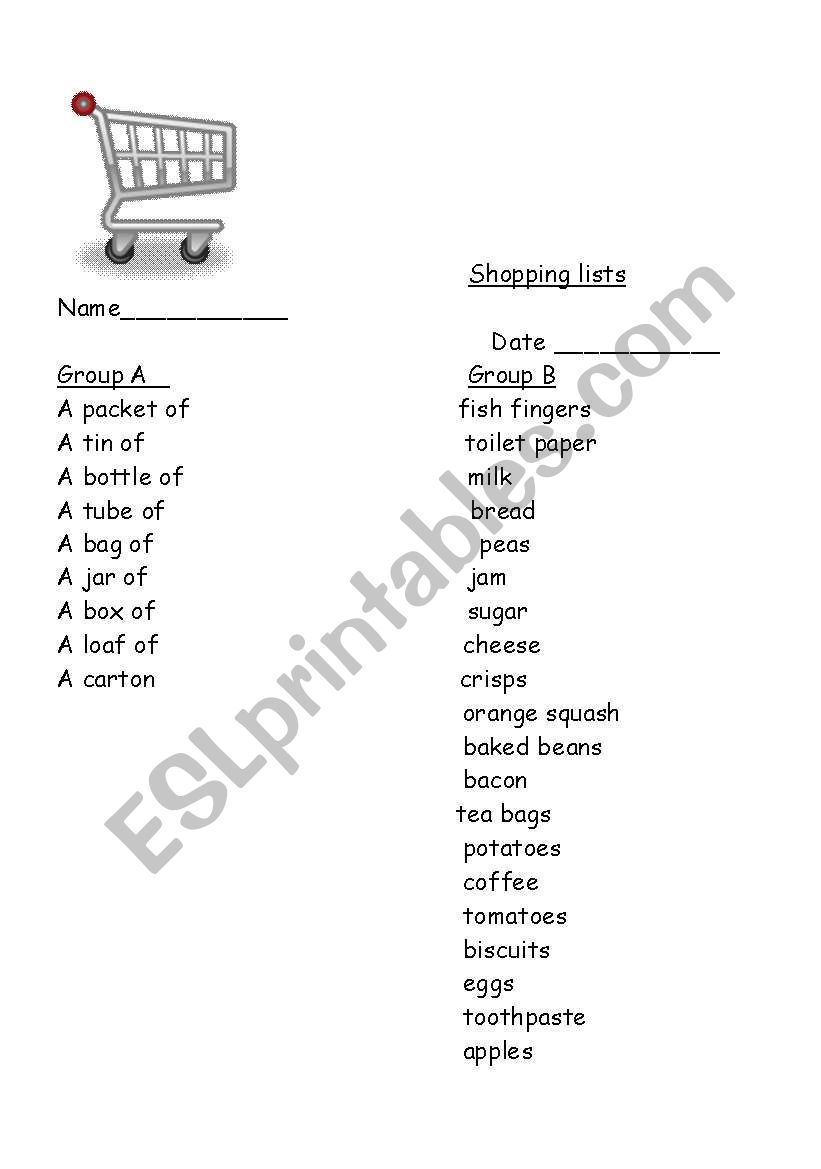 shopping lists worksheet