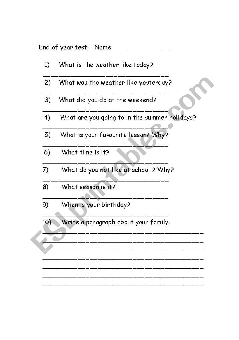 End of year test worksheet