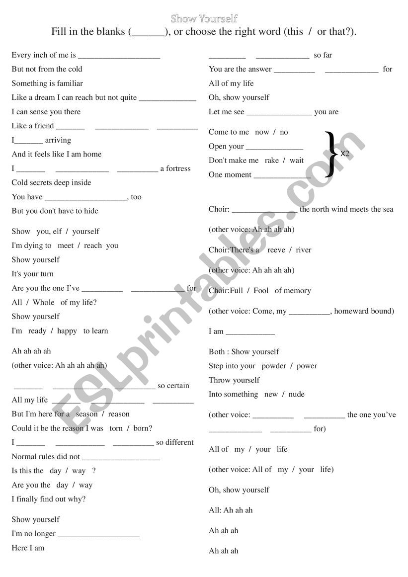 Show yourself frozen 2 song listening activity key esl worksheet by