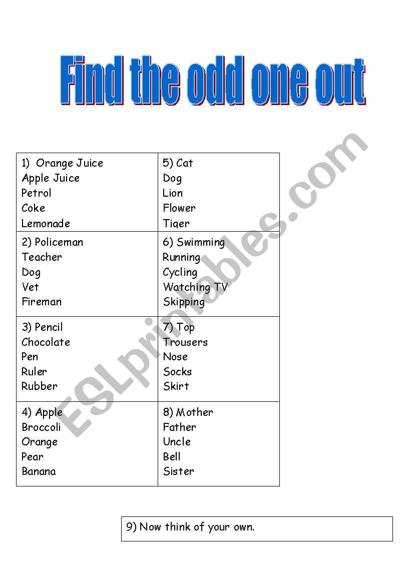 Find the odd one out worksheet