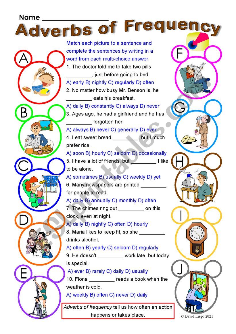 Adverbs of Frequency multi-choice worksheet with answer keys