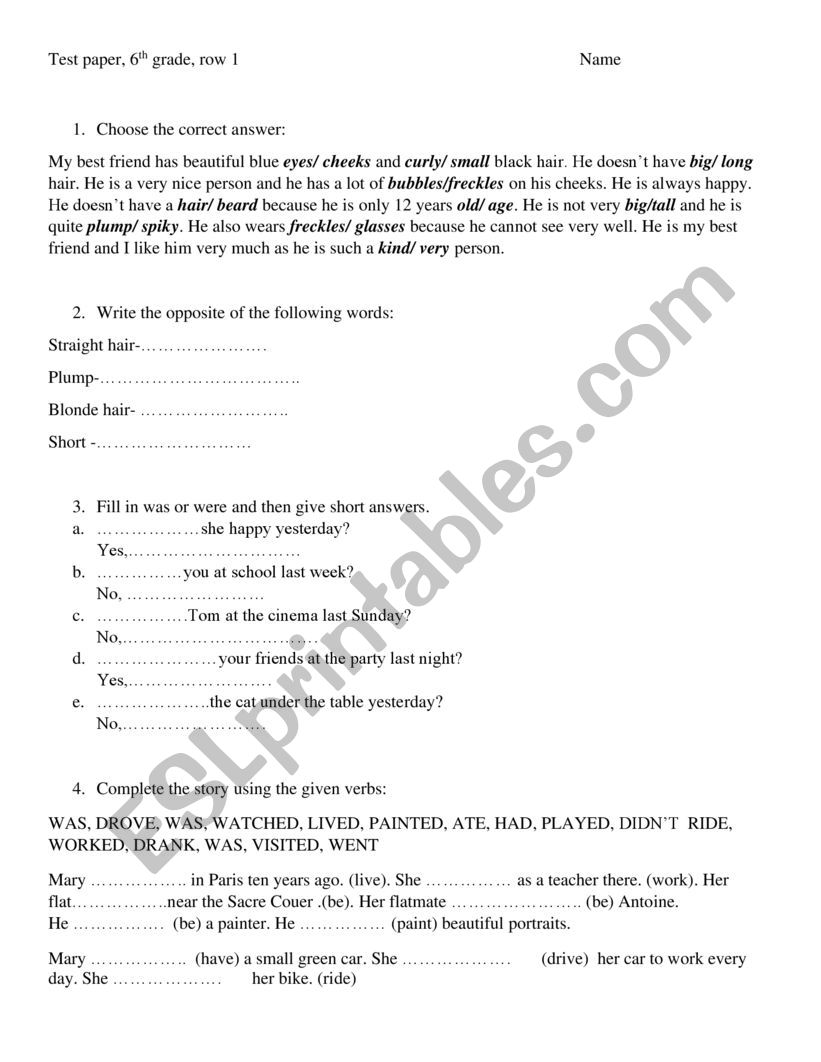 Test paper A1 worksheet