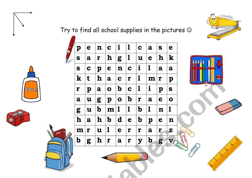 School supplies. Word search. 