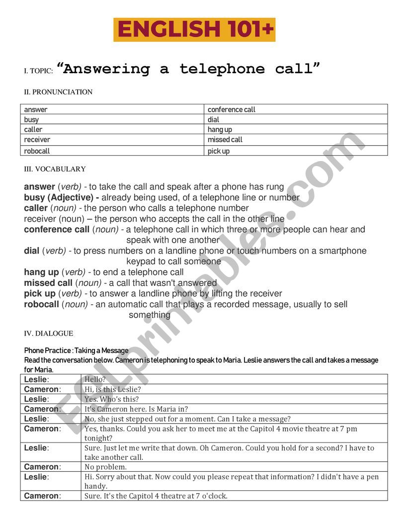 HOW TO ANSWER PHONE CALLS worksheet