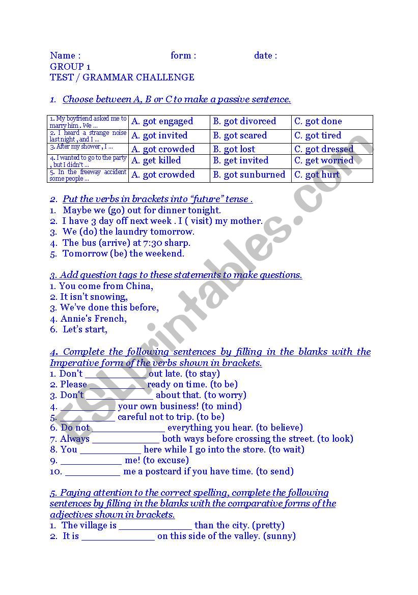 Test G1 grammar challenge  worksheet