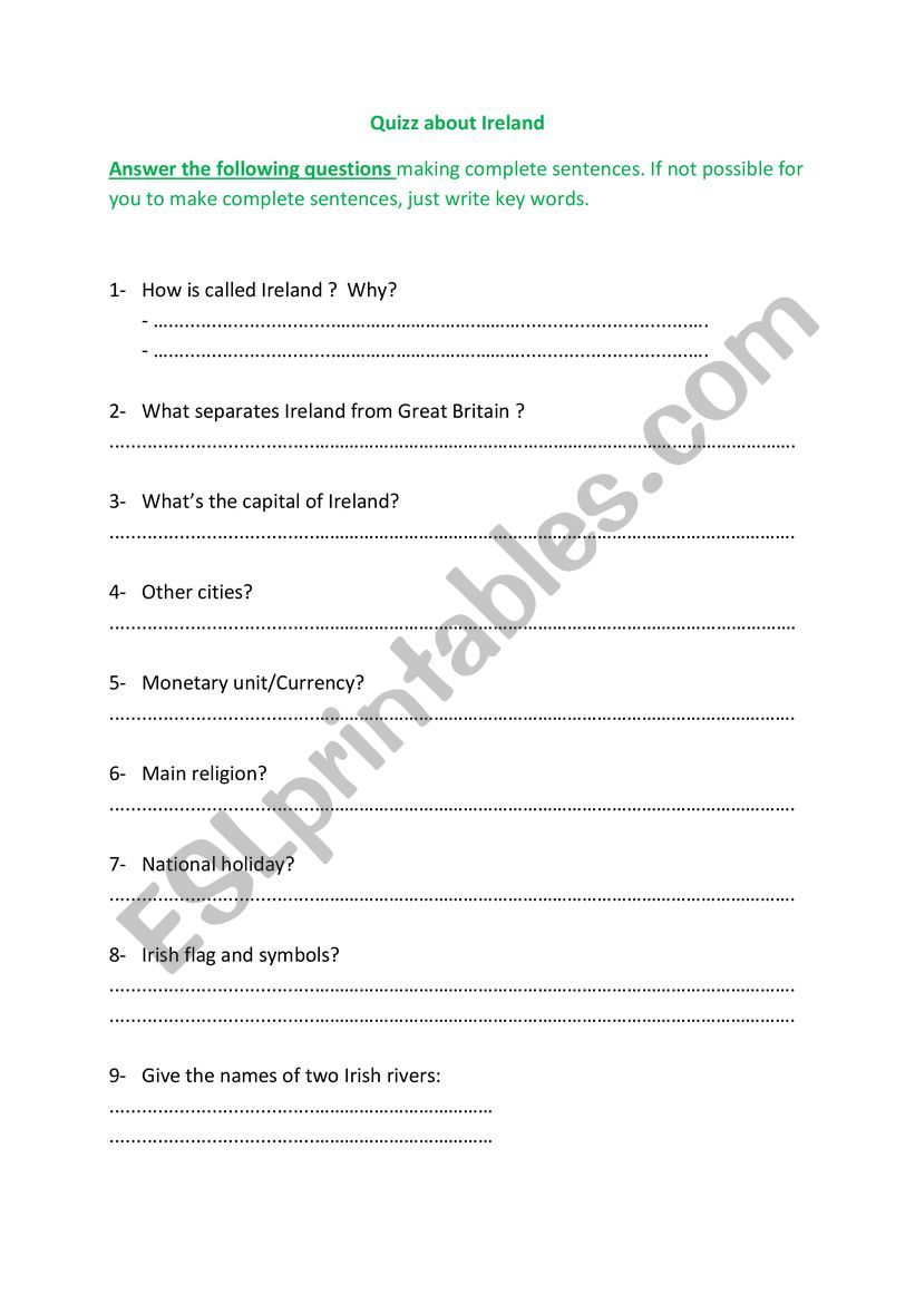 Quizz about Ireland worksheet