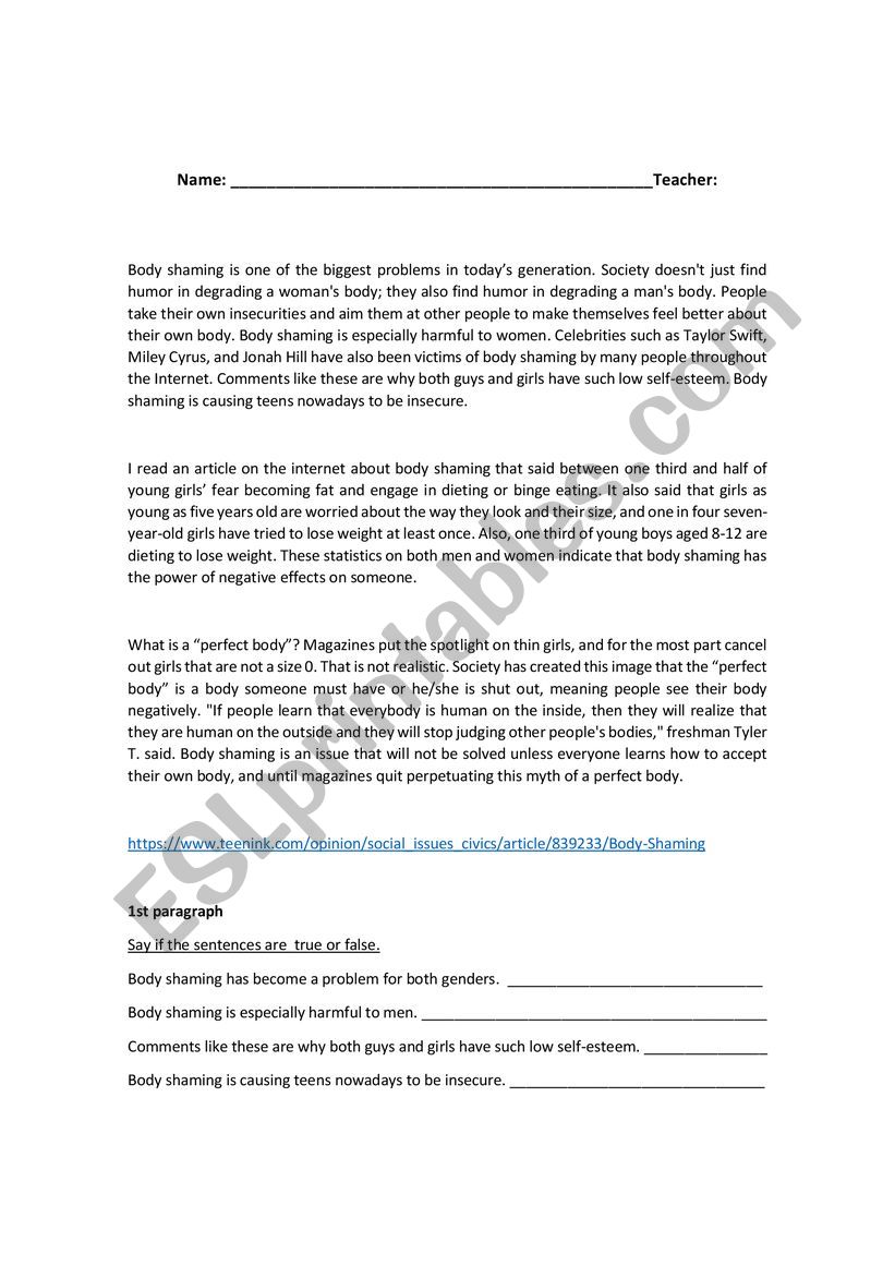 Body shaming worksheet