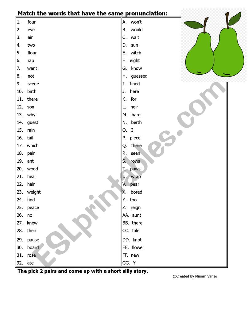 Homophones matching game worksheet