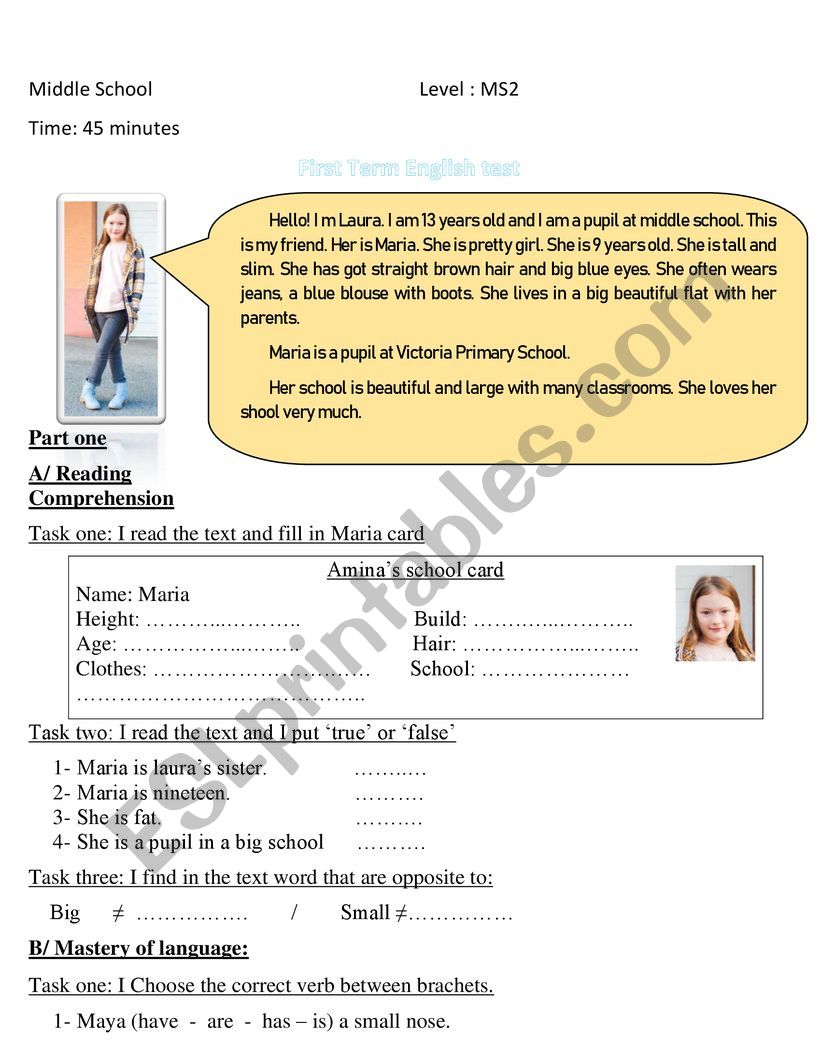 Maria’s school card worksheet